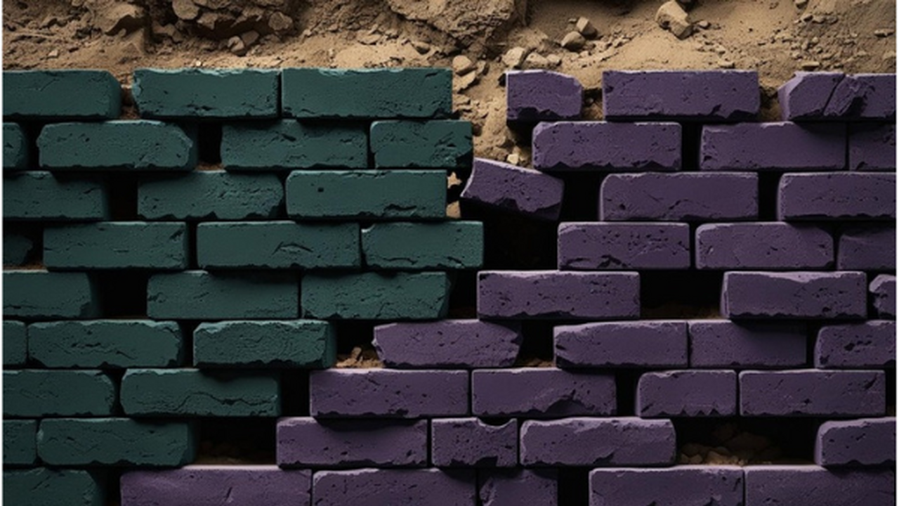 A wall of green and purple bricks, partly broken apart